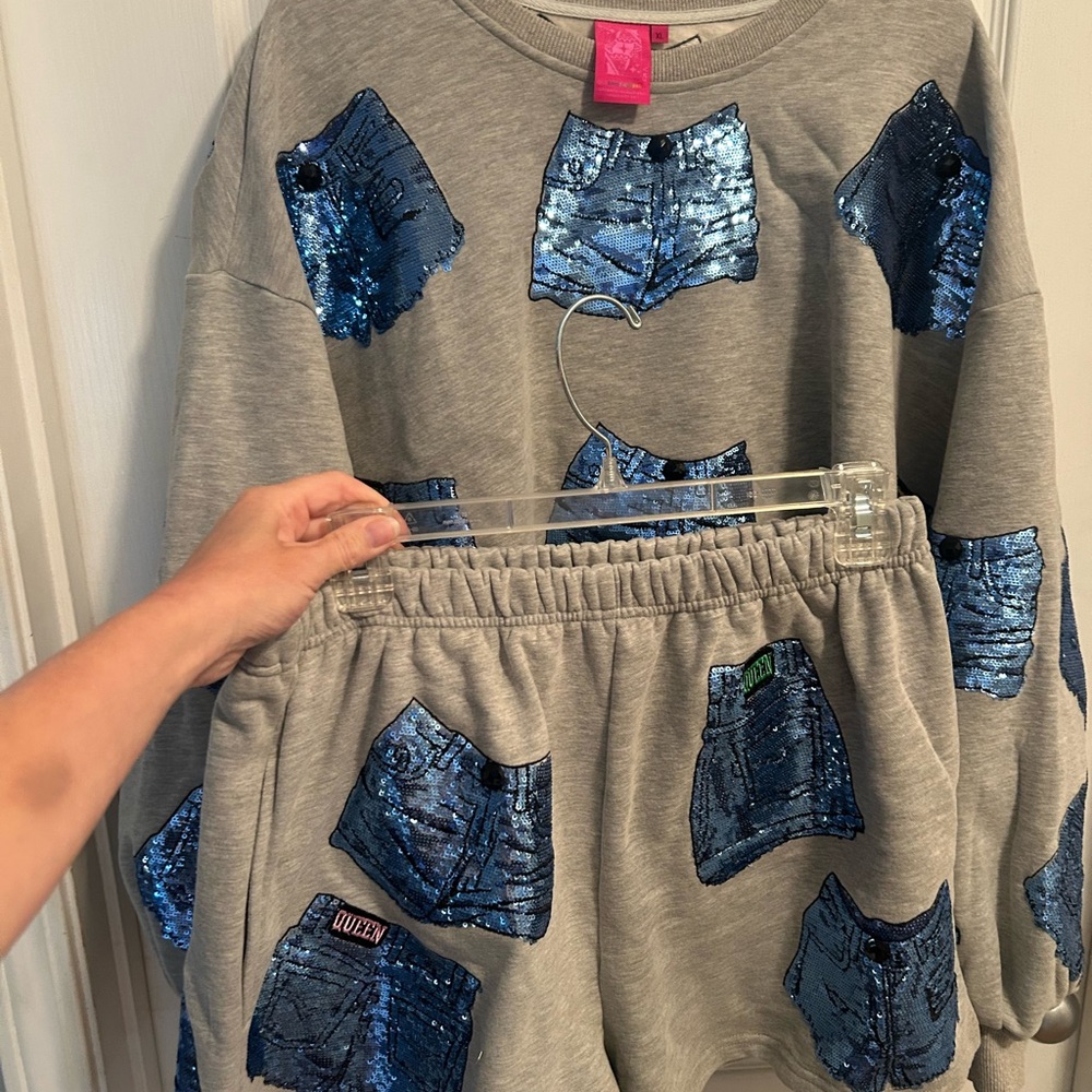 QUEEN OF SPARKLES Gray Top and Short Set with Blue Sequin Denim Shorts Accents